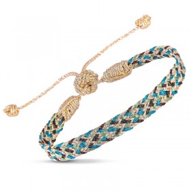 Bracelet ANIA 2 Gold Olive Teal Blue - Fils d'or tressés bleu et marron MAYAAZ