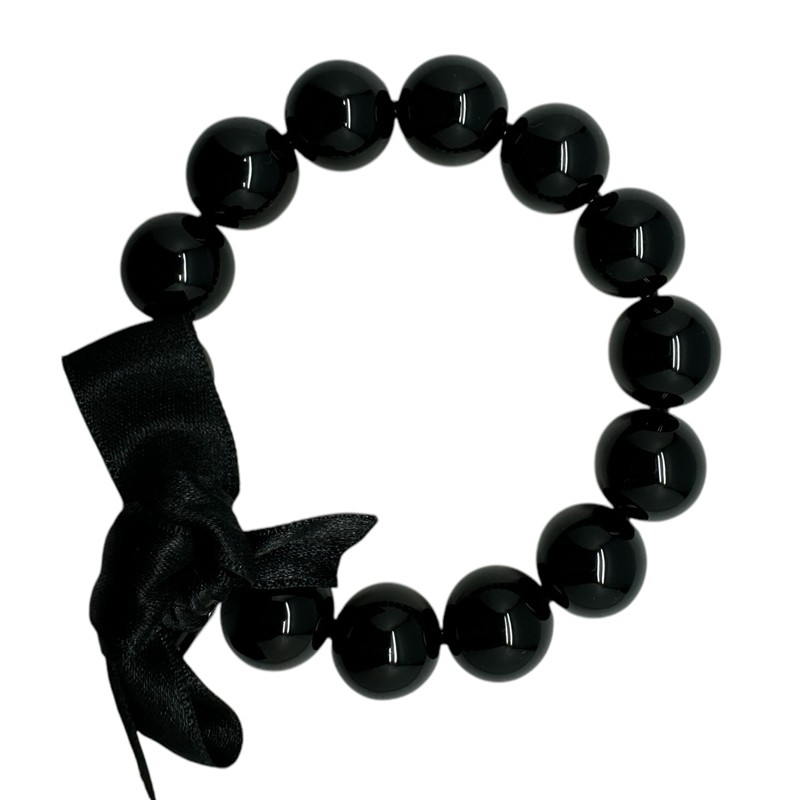 Bracelet élastiqué Perles Résine NOIR BRILLANT et ruban satin - M - Zoé Bonbon