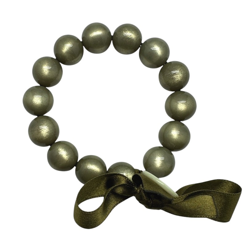 Bracelet élastiqué Perles Résine VERT OLIVE BRILLANT et ruban satin - M - Zoé Bonbon