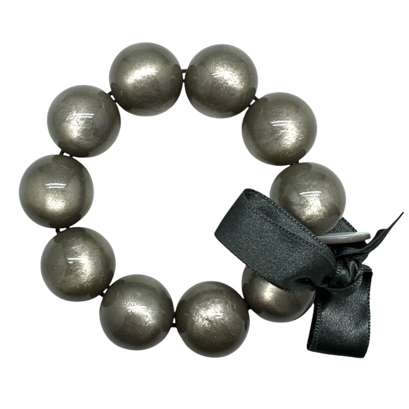 Bracelet élastiqué Perles Résine GRIS BRILLANT et ruban satin - L - Zoé Bonbon