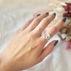 Bague fine en argent - Double anneaux & demi boule pavée d'oxydes TAILLE 56