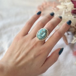 Grosse bague argent doré & Turquoise cabochon ovale TAILLE 58