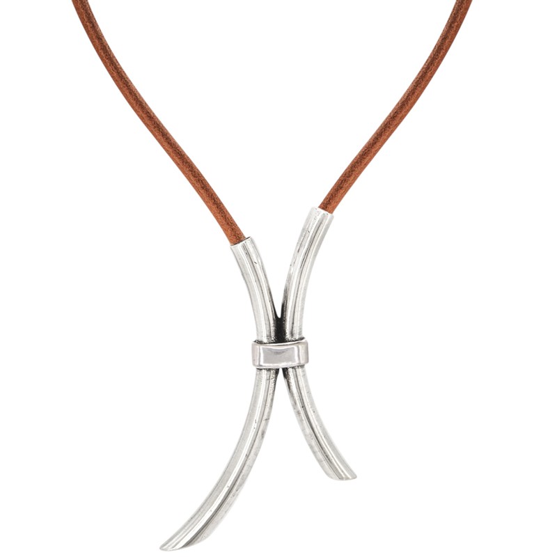 Collier court chaîne plaqué argent, cuir camel, LEATHER - Pendentif en X - CXC