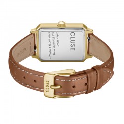 Montre Fluette, couleur or et camel, cadran rectangle & bracelet cuir