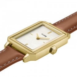 Montre Fluette, couleur or et camel, cadran rectangle & bracelet cuir