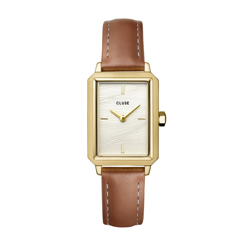 Montre Fluette, couleur or et camel, cadran rectangle & bracelet cuir - CLUSE