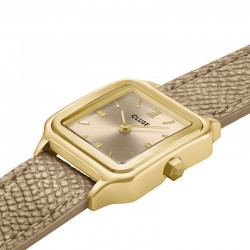 Montre Gracieuse petite Leather Rugby Tan, Gold, cadran carré nude, double bracelet cuir