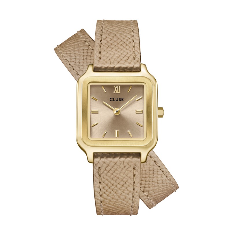 Montre Gracieuse petite Leather Rugby Tan Lizard Gold, cadran carré nude, double bracelet cuir - CLUSE