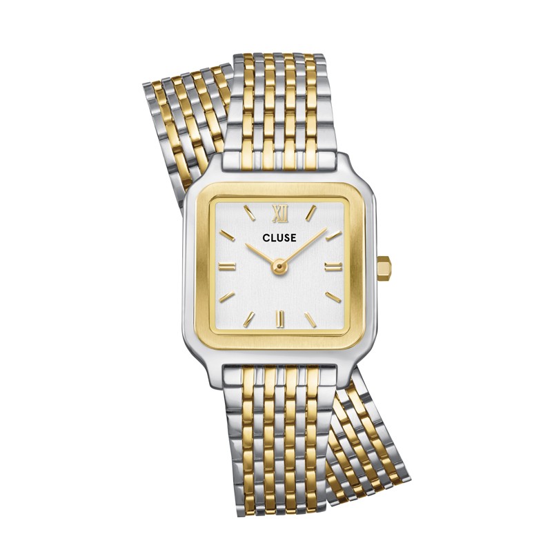 Montre Gracieuse Petite Double Steel White, Bicolore, cadran carré & bracelet oyster - CLUSE