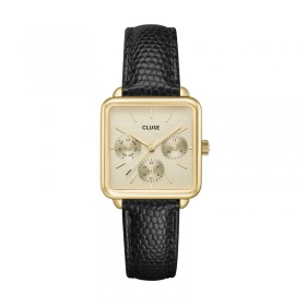 Montre Tetragone Multifunction Leather black Lizard, Gold Colour, cadran carré ivoire - CLUSE