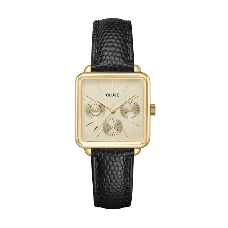 Montre Tetragone Multifunction Leather black Lizard, Gold Colour, cadran carré ivoire - CLUSE