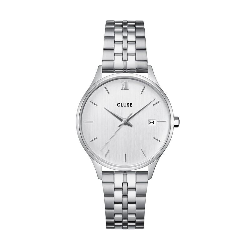 Montre Minuit Date Steel Full Silver Colour, cadran rond blanc - CLUSE