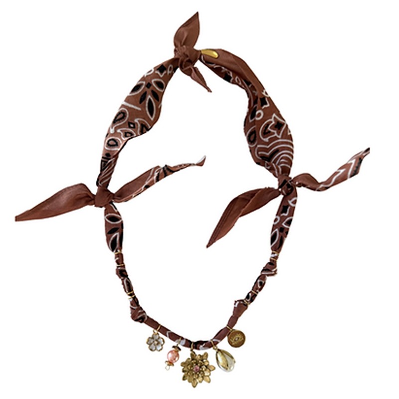 Collier bandana Poétic Blush marron glacé doré - Charms perles & Fleur - BADHANATI