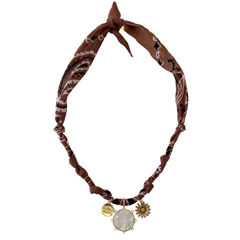 Collier bandana Poétic Blush marron glacé doré - Charms & médaille nacre