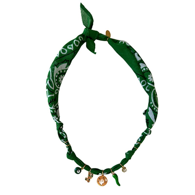 Collier bandana Wild Desert vert foncé doré - Charms dorés & Cactus - BADHANATI