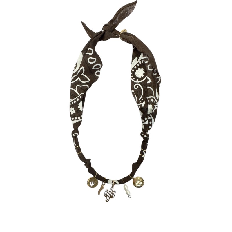 Collier bandana Wild Desert choco doré - Charms dorés & Cactus