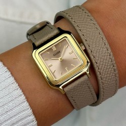 Montre Gracieuse petite Leather Rugby Tan, Gold, cadran carré nude, double bracelet cuir