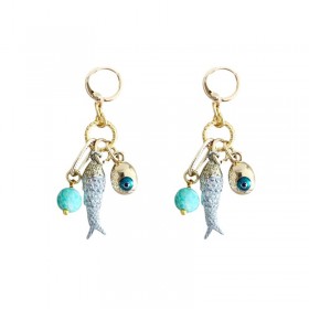 Boucles d'oreilles créoles dorées - Turquoise, Oeil & Poisson - JORGINA