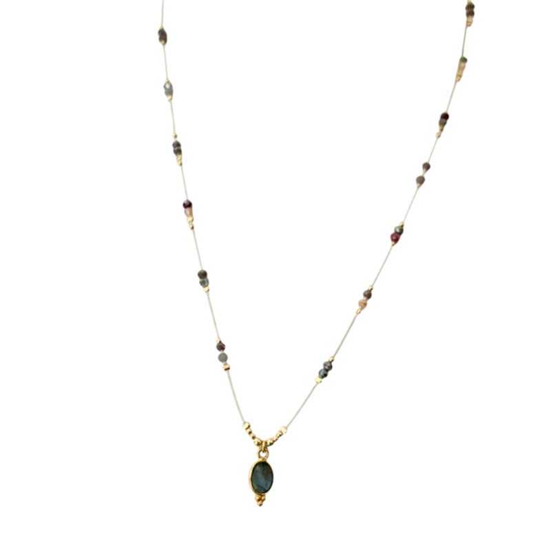 Collier sautoir cordon ajustable fin DINA doré - Labradorite - Clos&Lou