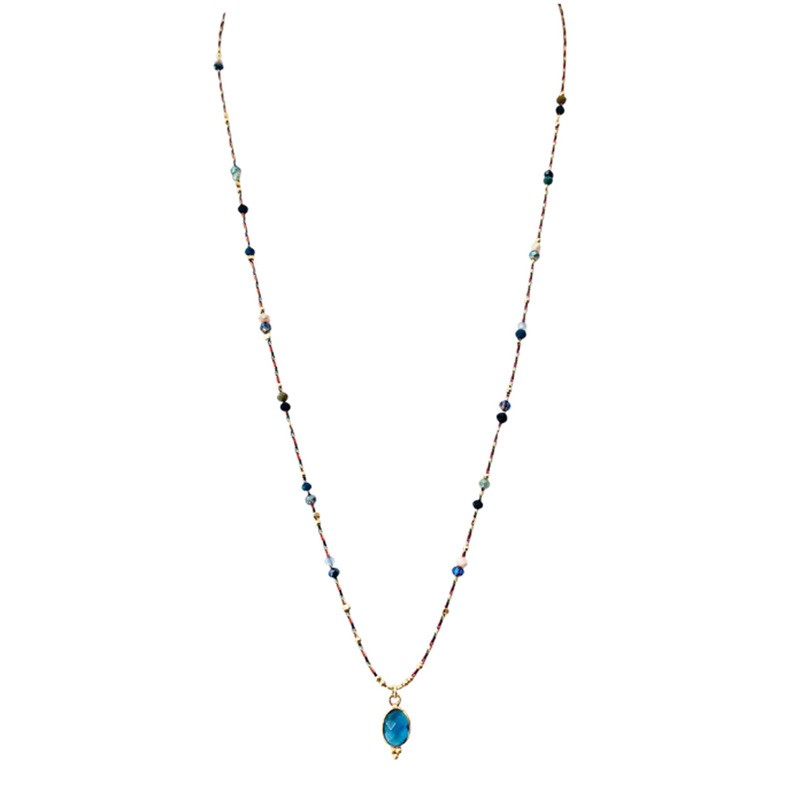 Collier sautoir cordon ajustable fin DUNE doré - Agate bleue - Clos&Lou