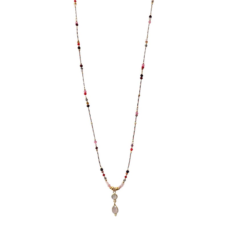 Collier sautoir cordon ajustable fin BELLAROSA doré - Quartz rose - Clos&Lou