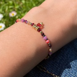 Bracelet cordon ajustable BERTY doré - Perles, Rubellite & Pierre de Lune