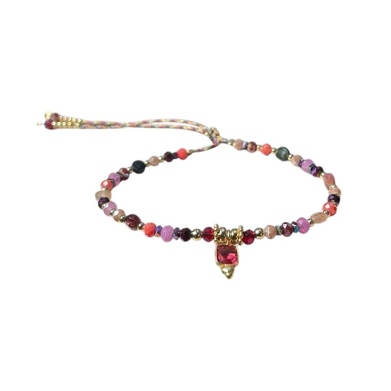 Bracelet cordon ajustable BERTY doré - Perles, Rubellite & Pierre de Lune