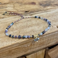 Bracelet cordon ajustable GOLDIE doré - Perles de cristal & Agate bleue