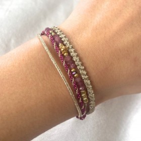 Bracelet multirangs cordon ajustable BERTINE doré - Beige & rose fuchsia  CLO ET LOU