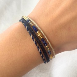 Bracelet cordon multirangs ajustable HARMONY doré - Lapis Lazuli & rubans