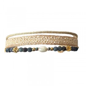 Bracelet cordon manchette ajustable HAVA doré - Pierres fines en Rubis & Saphir - Clos&Lou