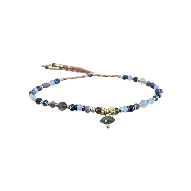 Bracelet cordon ajustable GOLDIE doré - Perles de cristal & Agate bleue