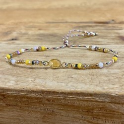 Bracelet cordon ajustable CASSIDY doré - Perles de cristal & Calcédoine jaune