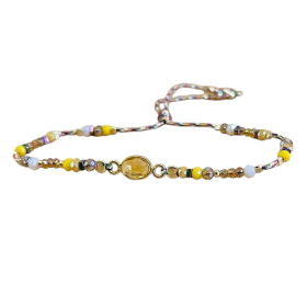 Bracelet cordon ajustable CASSIDY doré - Perles de cristal & Calcédoine jaune CLO ET LOU