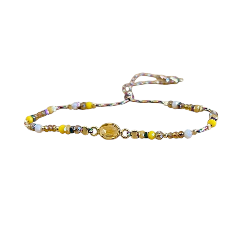 Bracelet cordon ajustable CASSIDY doré - Perles de cristal & Calcédoine jaune CLO ET LOU