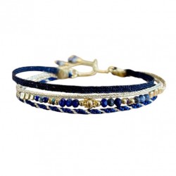 Bracelet cordon multirangs ajustable HARMONY doré - Lapis Lazuli & rubans