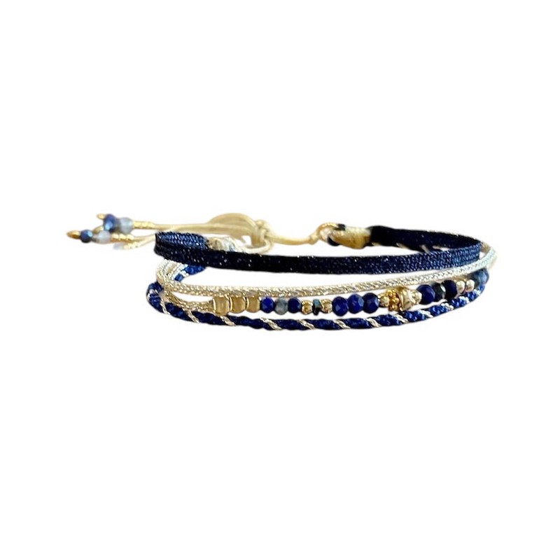 Bracelet cordon multirangs ajustable HARMONY doré - Lapis Lazuli & rubans