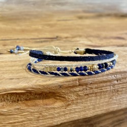 Bracelet cordon multirangs ajustable HARMONY doré - Lapis Lazuli & rubans