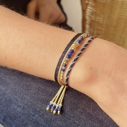 Bracelet cordon multirangs ajustable HARMONY doré - Lapis Lazuli & rubans