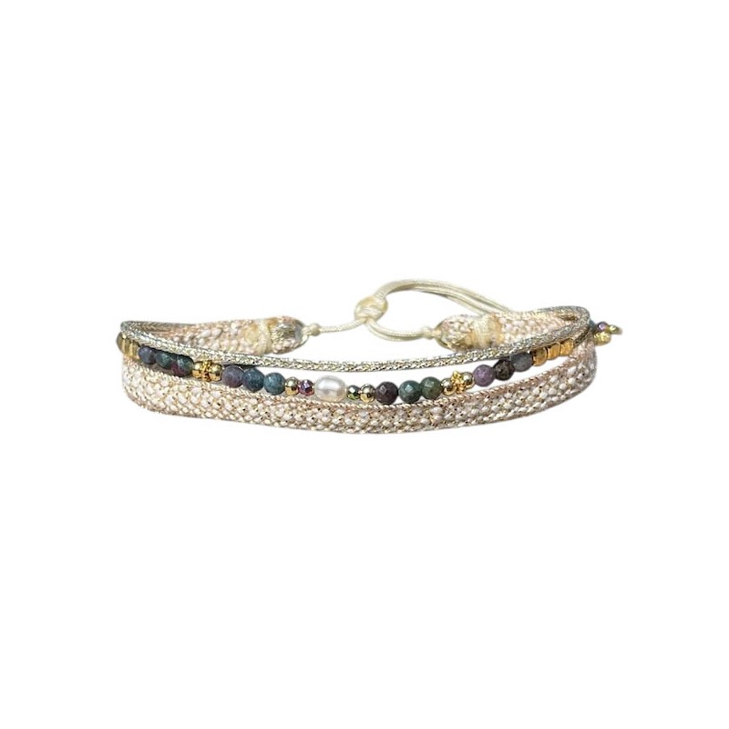 Bracelet cordon multirangs ajustable HAVA doré - Rubis, Saphir & rubans CLO ET LOU