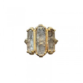 Bague ajustable Or - Trois Pierres barrettes Quartz rutile noir - Au Fil De Lo