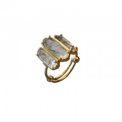 Bague ajustable Or - Trois Pierres barrettes Quartz rutile noir