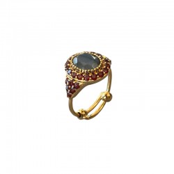 Bague vintage ajustable Or - Labradorite ovale & Petits Grenats rouge