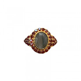 Bague ajustable Or - Labradorite ovale & Grenats - Au Fil de Lo