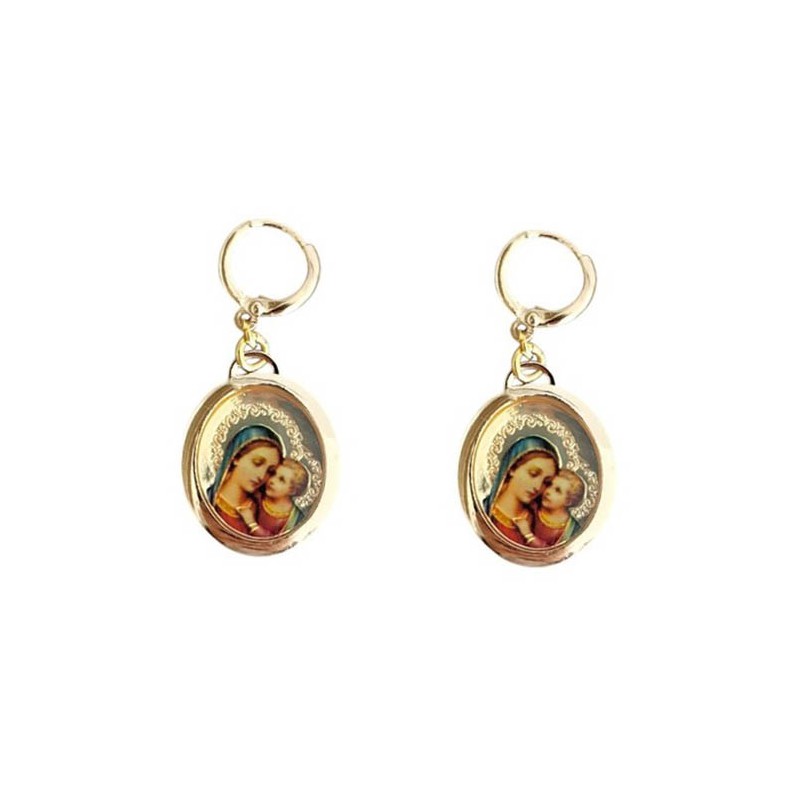 Boucles d'oreilles mini-créoles dorées & Pendentif Vierge à l'enfant JORGINA