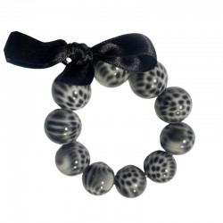 Bracelet élastiqué Perles Résine LEOPARD NOIR BLANC & ruban satin - 2 cm - Zoé Bonbon