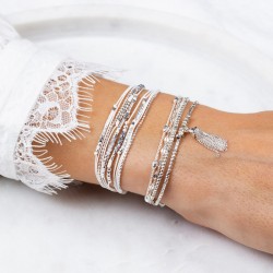 Bracelet multi-tours EGERIE argent - Cordons blancs & Perles grises