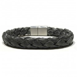 Bracelet jonc homme - Cuir tressé rond noir vintage & boucle métal TAILLE M