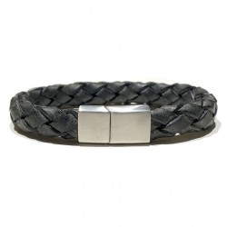 Bracelet jonc homme - Cuir tressé rond noir vintage & boucle métal TAILLE M