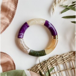 Bracelet jonc élastiqué doré PIPOCA HIBISCO 2 - Taupe vert & violet